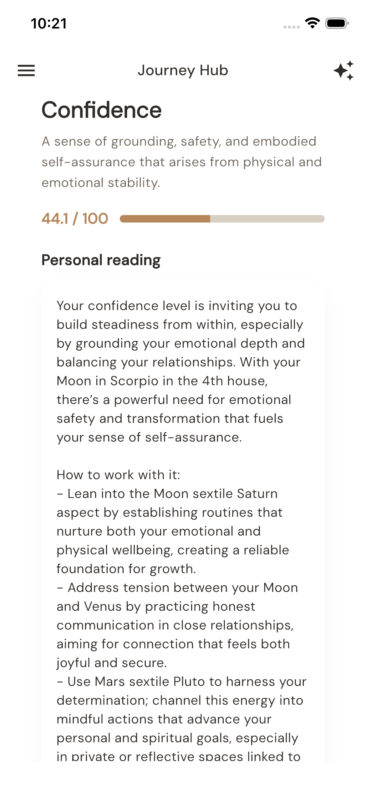 Confidence quality page with personal reading and guidance